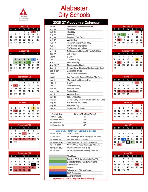 Alabaster City Schools 2026–2027 Academic Calendar