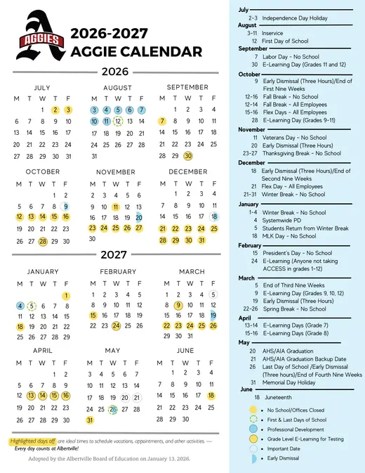 Albertville City Schools (ACS) 2026–2027 Academic Calendar Page 1