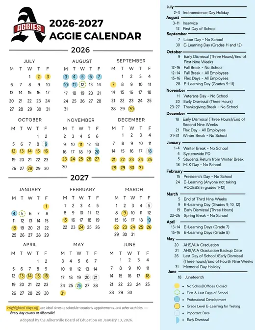 Albertville City Schools (ACS) 2026–2027 Academic Calendar Page 2