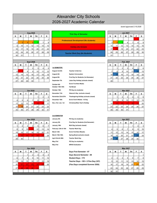 Alexander City Schools (ACS) 2026–2027 Academic Calendar