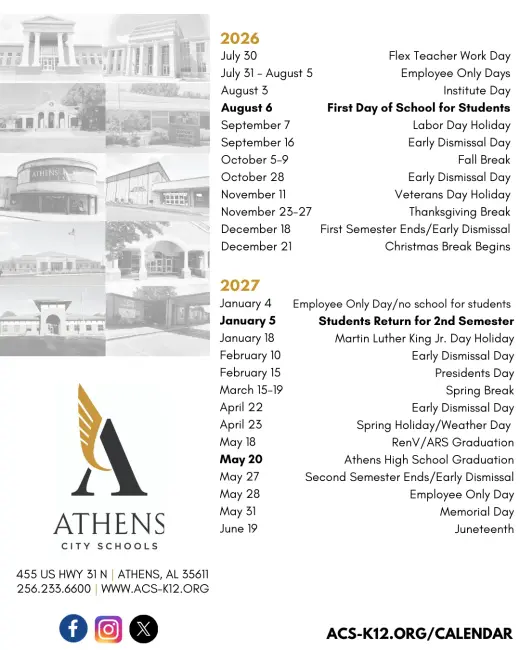Athens City Schools (ACS) 2026–2027 Academic Calendar Page 2