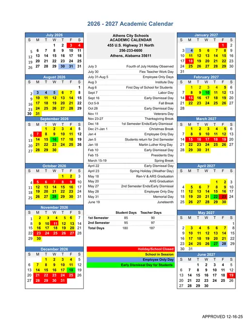 Athens City Schools (ACS) 2026–2027 Academic Calendar Page 3