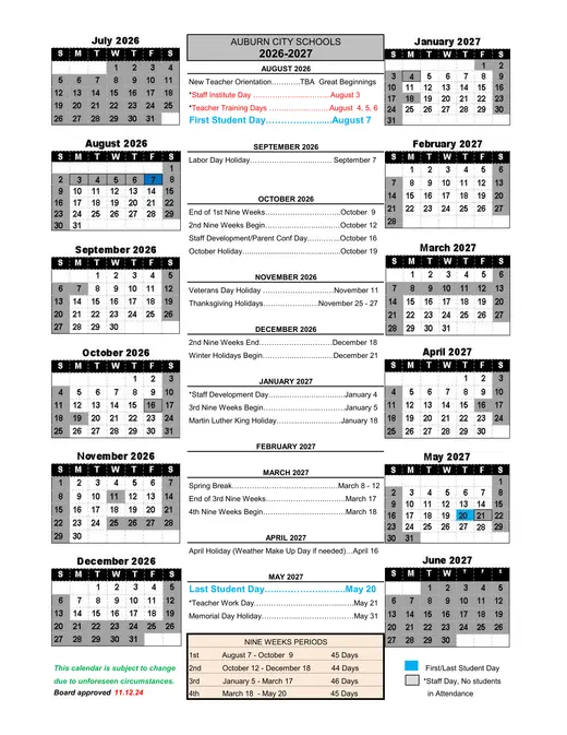 Auburn City Schools (ACS) 2026–2027 Academic Calendar