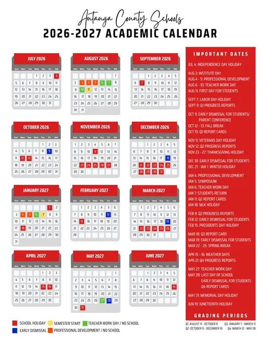 Autauga County Schools (ACS) 2026–2027 Academic Calendar Page 2