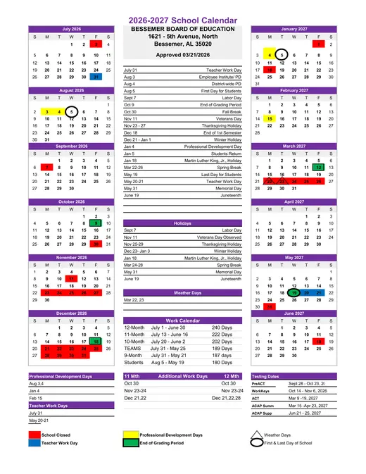 Bessemer Board of Education 2026–2027 Academic Calendar