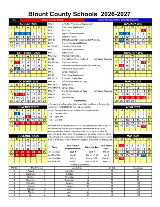 Blount County Schools (BCS) 2026–2027 Academic Calendar