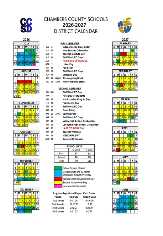 Chambers County Schools (CCSD) 2026–2027 Academic Calendar Page 1