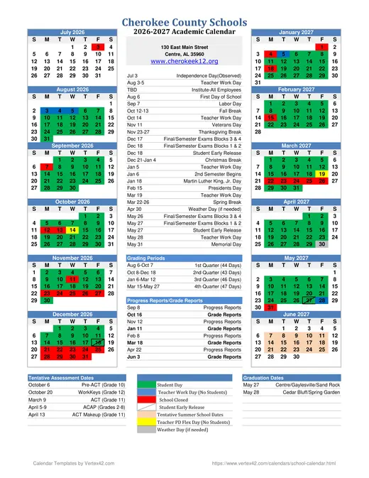 Cherokee County Schools 2026–2027 Academic Calendar