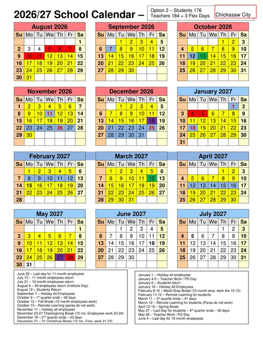 Chickasaw City 2026–2027 Academic Calendar