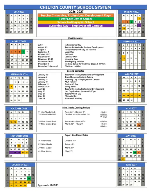 Chilton County School System (CCSS) 2026–2027 Academic Calendar Page 1