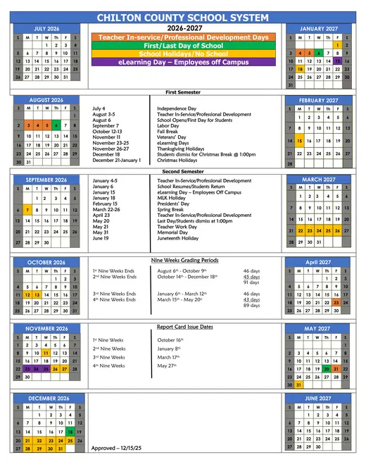Chilton County School System (CCSS) 2026–2027 Academic Calendar Page 2