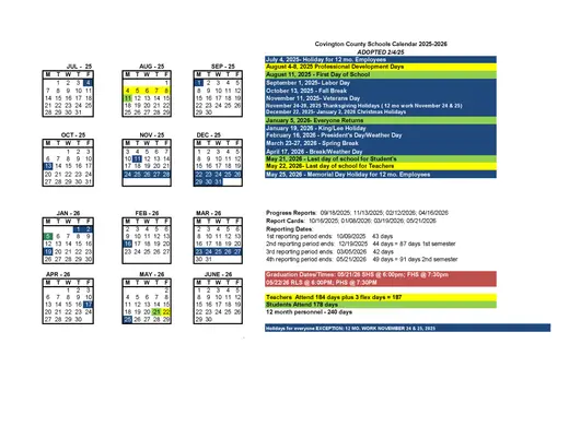 Covington County Schools 2025–2026 Academic Calendar Page 1