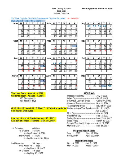 Dale County Schools 2026–2027 Academic Calendar