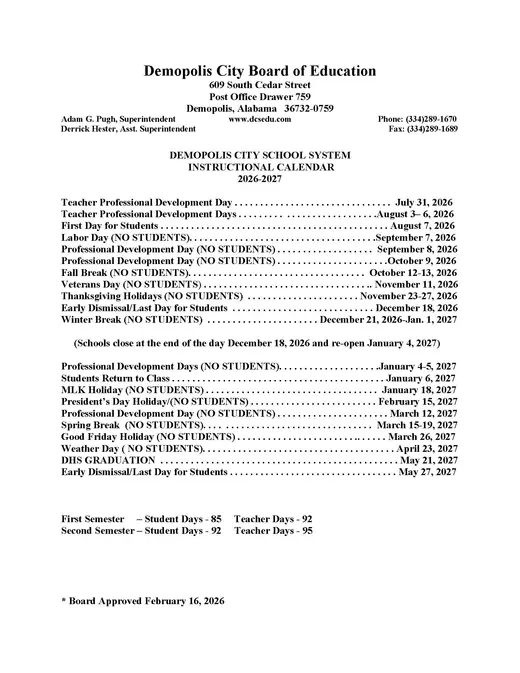 Demopolis City School System 2026–2027 Academic Calendar Page 1