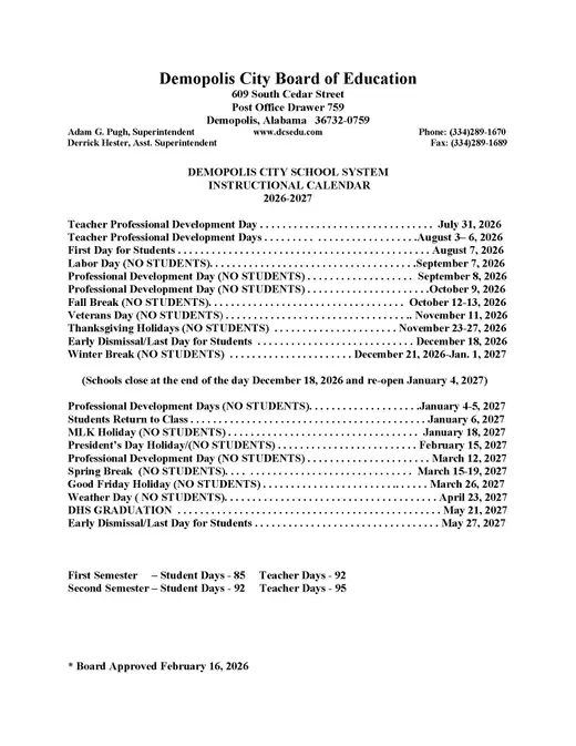 Demopolis City School System 2026–2027 Academic Calendar Page 2