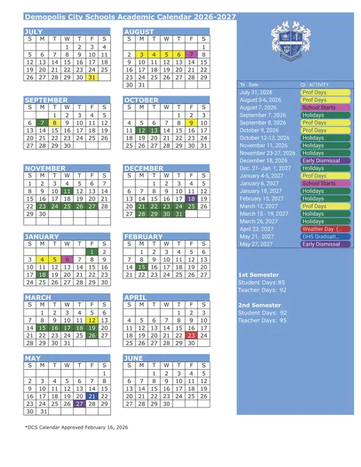 Demopolis City Schools 2026–2027 Academic Calendar Page 1