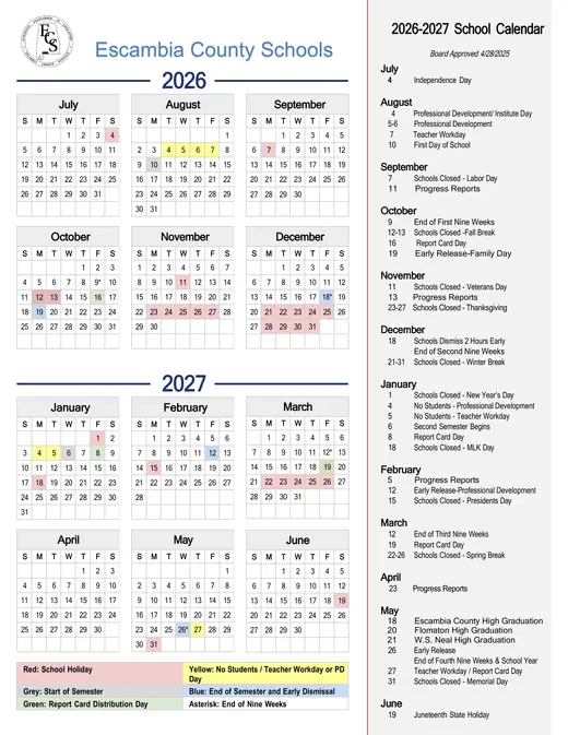 Escambia County Schools (ECS) 2026–2027 Academic Calendar
