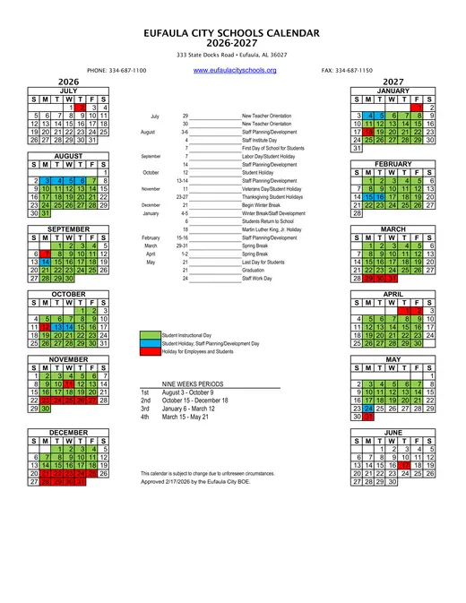 Eufaula City Schools 2026–2027 Academic Calendar