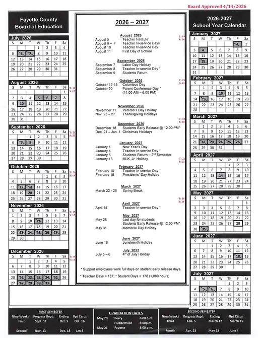 Fayette County Board of Education 2026–2027 Academic Calendar