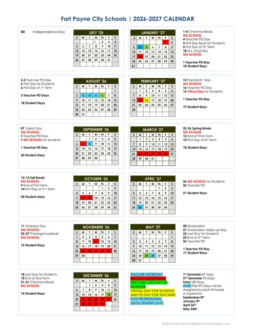 Fort Payne City Schools 2026–2027 Academic Calendar