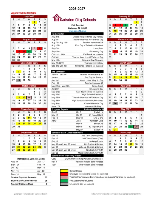 Gadsden City Schools (GCS) 2026–2027 Academic Calendar