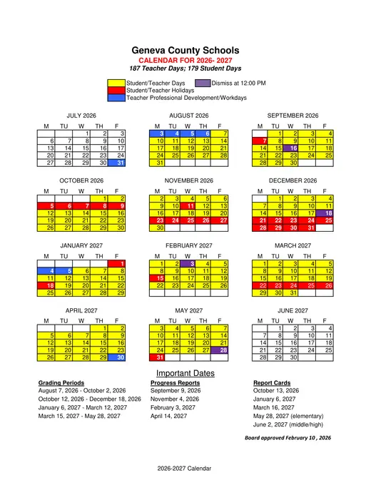 Geneva County Schools 2026–2027 Academic Calendar