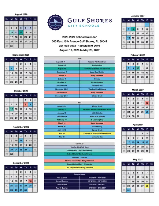 Gulf Shores City Schools (GSCS) 2026–2027 Academic Calendar