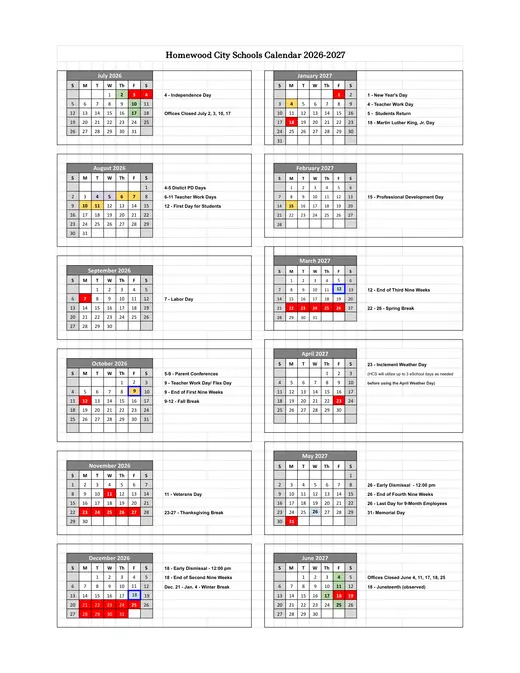 Homewood City Schools (HCS) 2026–2027 Academic Calendar