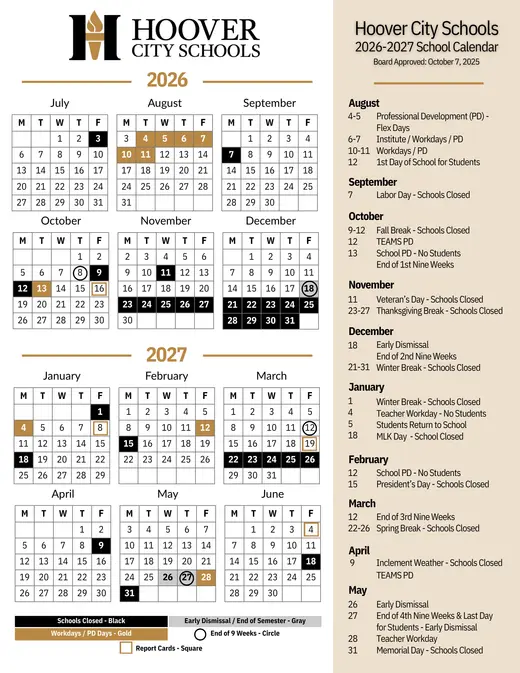 Hoover City Schools (HCS) 2026–2027 Academic Calendar