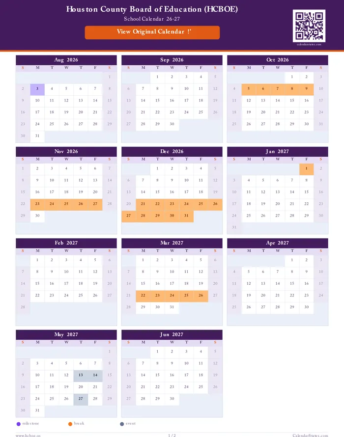 Houston County Board of Education (HCBOE) School Calendar 26-27 ...