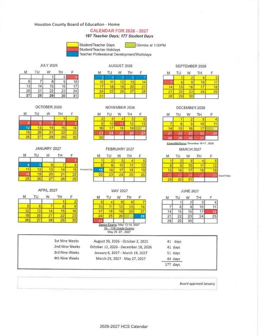 Houston County Board of Education (HCBOE) 2026–2027 Academic Calendar Page 2