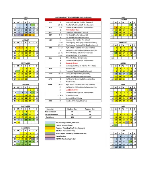 Huntsville City Schools 2026–2027 Academic Calendar Page 1