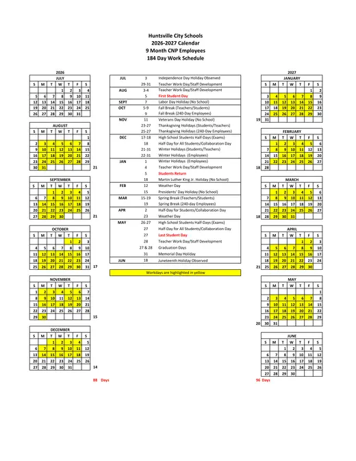 Huntsville City Schools 2026–2027 Academic Calendar Page 2