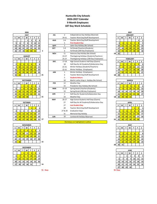 Huntsville City Schools 2026–2027 Academic Calendar Page 3