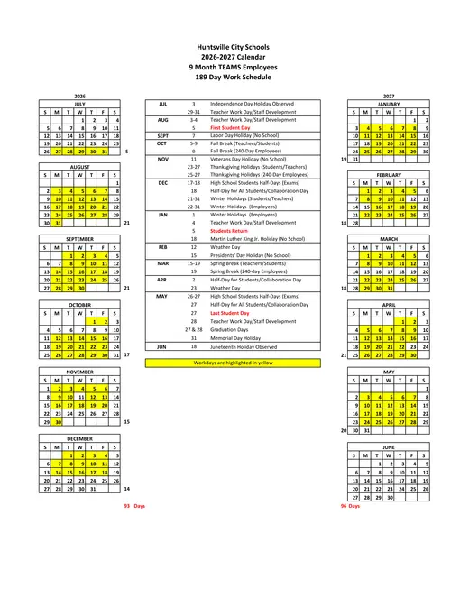 Huntsville City Schools 2026–2027 Academic Calendar Page 4