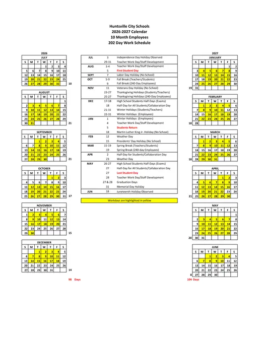 Huntsville City Schools 2026–2027 Academic Calendar Page 5