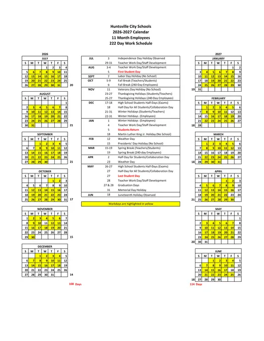 Huntsville City Schools 2026–2027 Academic Calendar Page 6