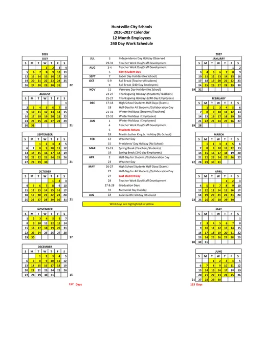 Huntsville City Schools 2026–2027 Academic Calendar Page 7