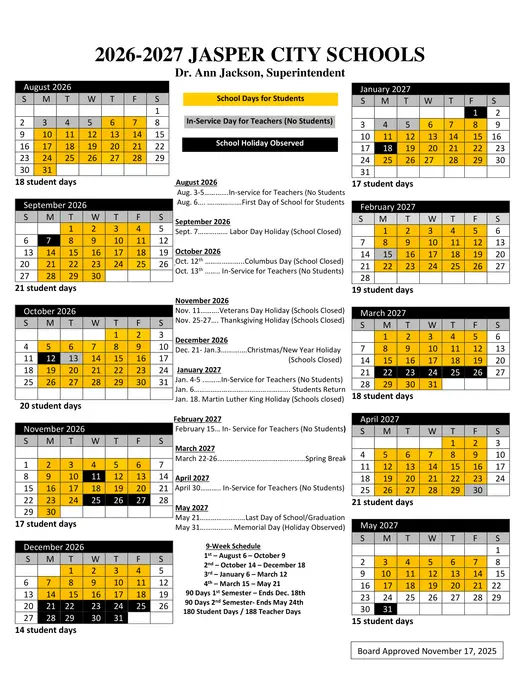Jasper City Schools (JCS) 2026–2027 Academic Calendar