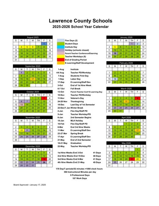 Lawrence County Schools (LCS) 2025–2026 Academic Calendar