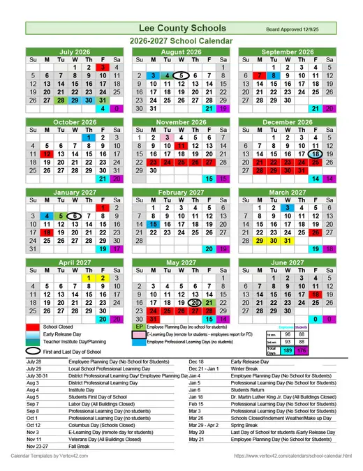 Lee County Schools (LCS) 2026–2027 Academic Calendar Page 2