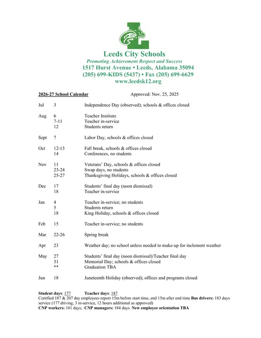 Leeds City Schools 2026–2027 Academic Calendar Page 1