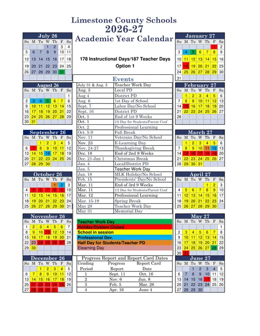 Limestone County Schools (LCS) 2026–2027 Academic Calendar Page 1