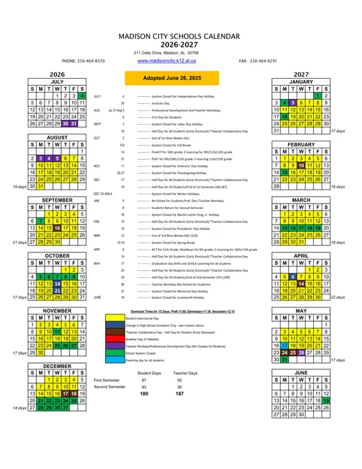Madison City Schools (MCS) 2026–2027 Academic Calendar