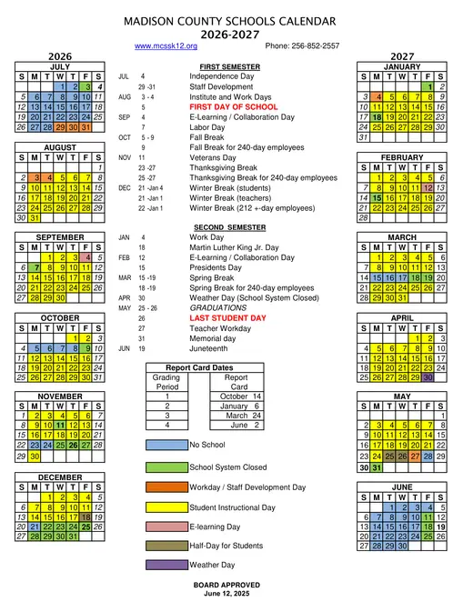 Madison County Schools (MCS) 2026–2027 Academic Calendar