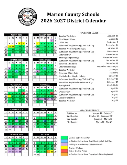 Marion County Schools (MCS) 2026–2027 Academic Calendar