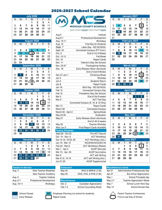 Morgan County Schools (MCS) 2026–2027 Academic Calendar Page 1