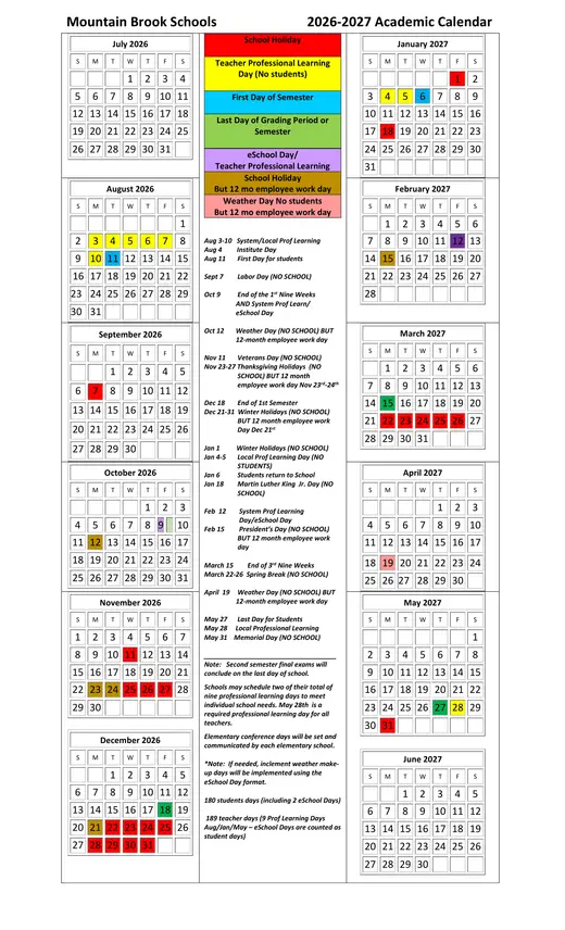 Mountain Brook Schools (MBS) 2026–2027 Academic Calendar