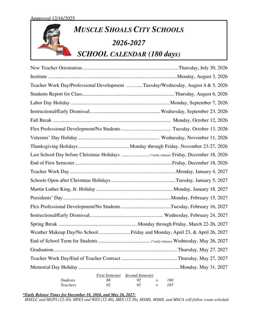 Muscle Shoals City Schools 2026–2027 Academic Calendar