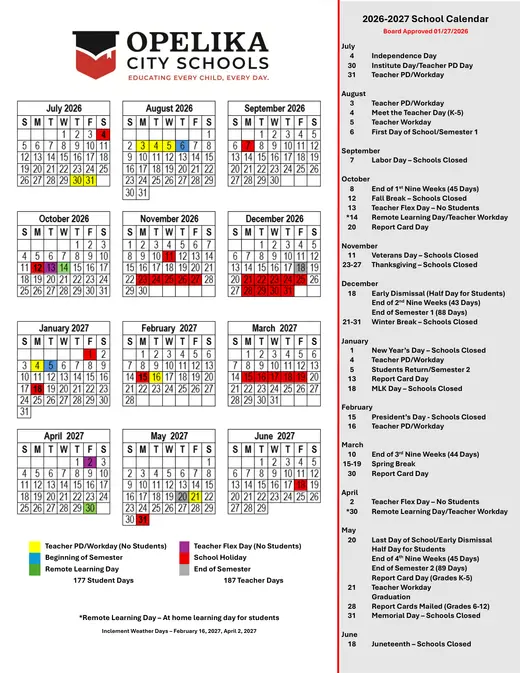 Opelika City Schools (OCS) 2026–2027 Academic Calendar Page 1